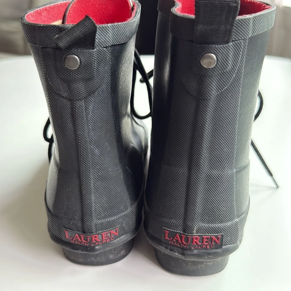Lauren Ralph Lauren Mikenna-Bo-Rai Black Rubber Lace Up Ankle Rain Boots 7